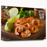 Vibrant acrylic glass wall art showcasing an intricate marine life shrimp design, elegantly framed and displayed with decorative pins, perfect for ocean-themed decor.