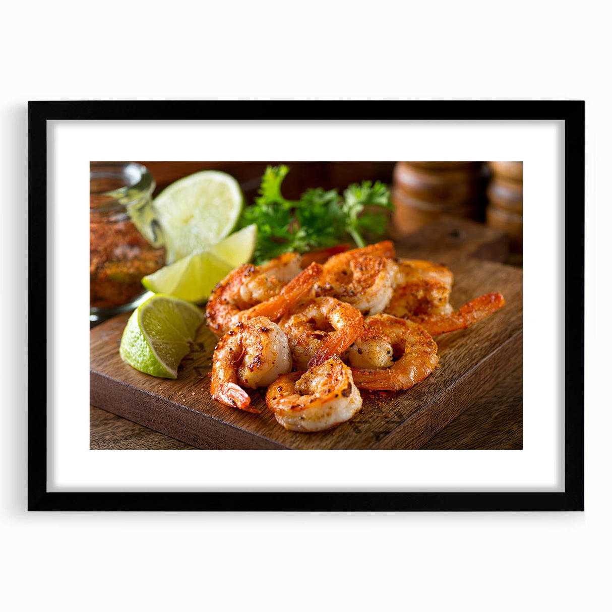 Framed marine life wall art featuring a vibrant shrimp design with a black matting, perfect for coastal-themed decor or ocean enthusiasts.