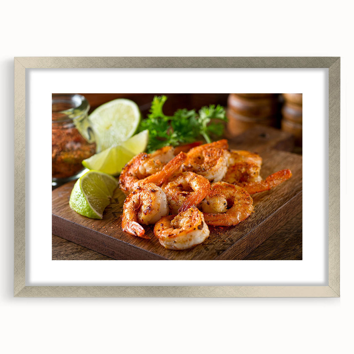 Framed marine life wall art featuring a vibrant shrimp design, elegantly presented with a silver mat and frame, perfect for ocean-themed decor.