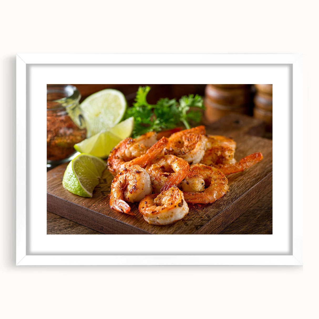 Framed wall art featuring a vibrant shrimp design, set against a white mat background. Ideal for marine life enthusiasts, adding a colorful touch to any decor.