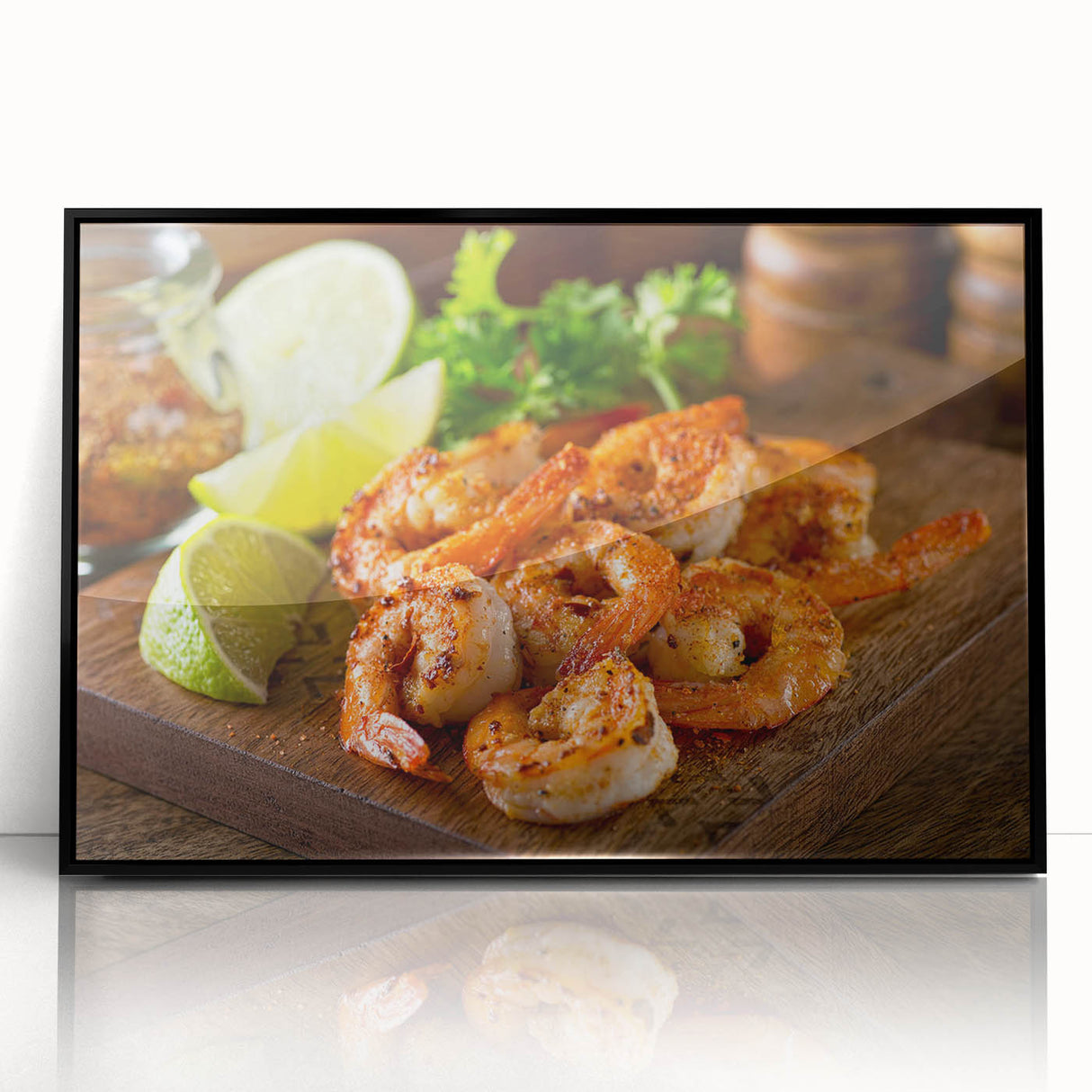 Framed acrylic wall art featuring a vibrant marine life design with colorful shrimp, set against a sleek black frame, perfect for ocean-themed decor.