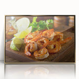 Framed acrylic wall art featuring a vibrant shrimp design in gold, showcasing intricate marine life details against a sleek background, perfect for ocean-themed decor.