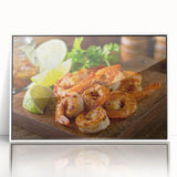 Framed acrylic wall art showcasing a vibrant marine life shrimp design, featuring intricate details and a white frame, perfect for ocean-themed decor.