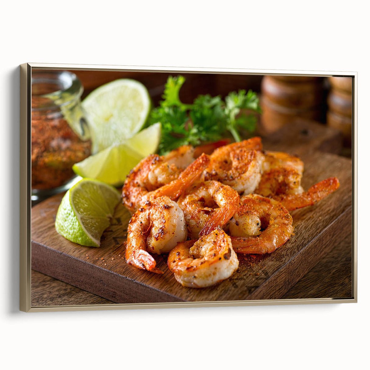Framed wall art featuring a vibrant shrimp design in marine life theme, set against a gold background, showcasing intricate details and textures. Perfect for ocean-inspired decor.
