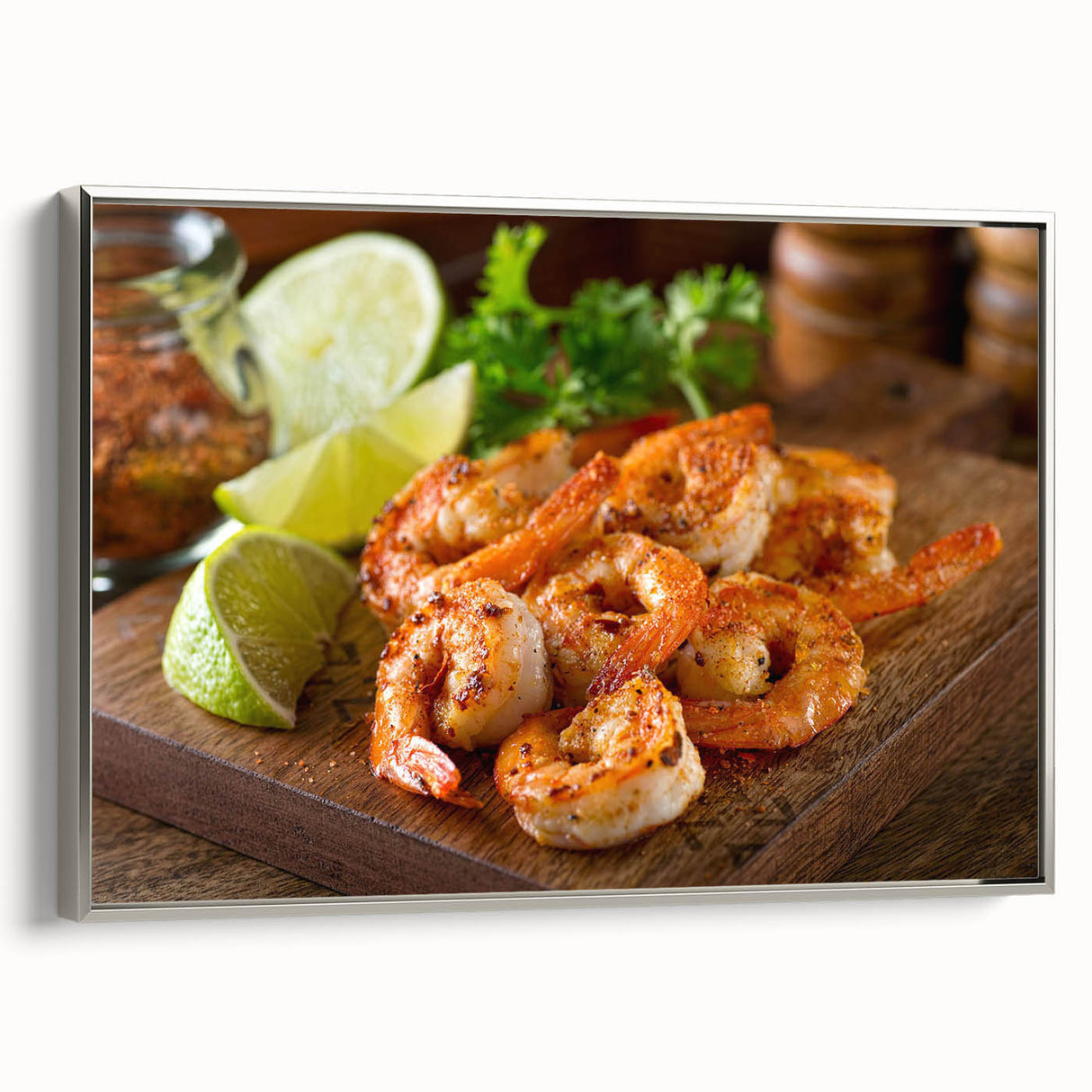 Framed canvas wall art showcasing a vibrant shrimp design in a silver frame, ideal for marine life enthusiasts and modern decor. Perfect for ocean-themed interiors.