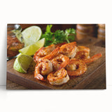 Vibrant marine life wall art featuring a detailed shrimp design on stretched canvas, elegantly leaning against a neutral background, perfect for coastal decor enthusiasts.