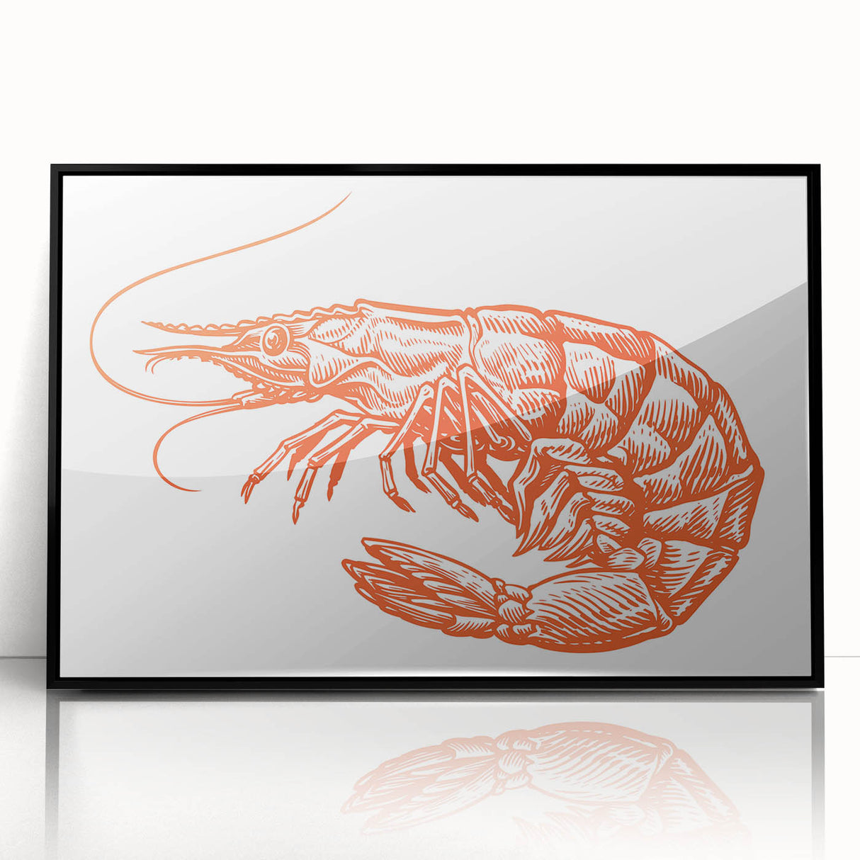 Framed wall art featuring a colorful marine life shrimp design, showcasing vibrant details against a sleek black frame, perfect for ocean-themed decor.