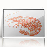 Framed wall art featuring a vibrant shrimp design in a marine life theme, set in a sleek white frame, ideal for ocean-inspired decor and coastal aesthetics.
