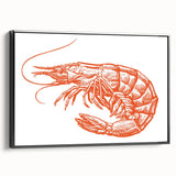 Framed canvas wall art showcasing a vibrant shrimp design, featuring intricate details and a black frame, perfect for marine life enthusiasts and home decor.