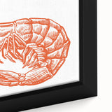 Close-up of a framed canvas wall art featuring vibrant marine life shrimp design, showcasing intricate details and vivid colors, perfect for ocean-themed decor.