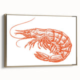 Framed canvas wall art showcasing a vibrant marine life shrimp design in gold tones, displayed from a side view, perfect for coastal-themed decor.