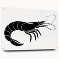 Colorful marine life wall art showcasing a shrimp design, printed on acrylic glass with visible pins, perfect for ocean-themed decor. Ideal for enhancing coastal interiors.