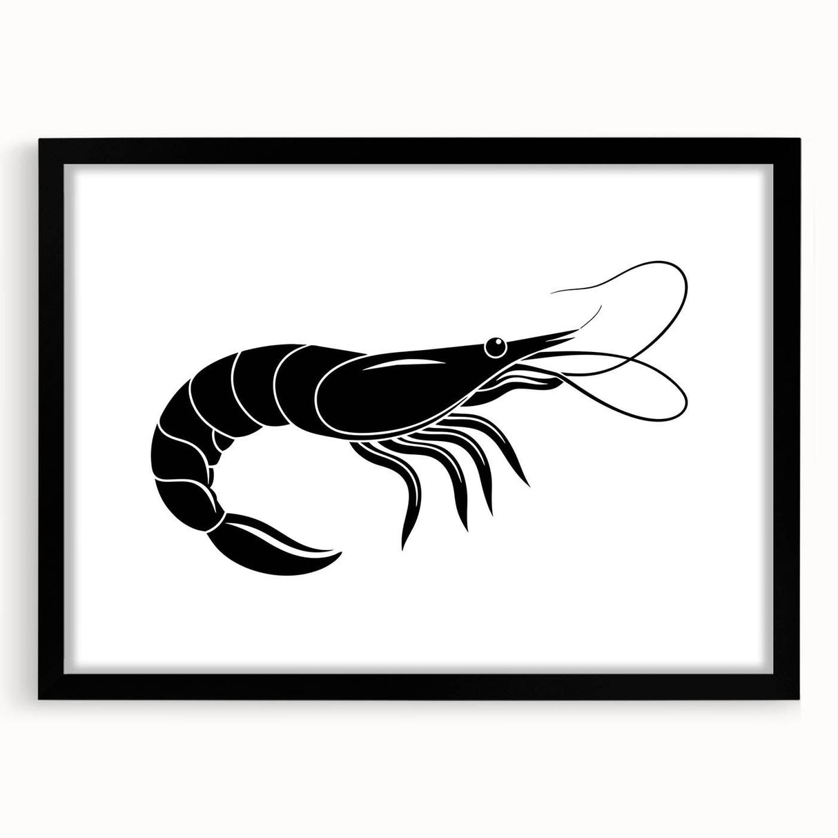 Framed wall art featuring a vibrant marine life shrimp design with a black mat, showcasing intricate details ideal for aquatic-themed decor. Perfect for enhancing coastal interiors.