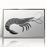 Framed acrylic wall art showcasing a vibrant marine life shrimp design, featuring silver accents and a sleek front view, perfect for ocean-themed decor.