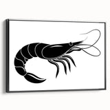 Framed canvas wall art showcasing a vibrant shrimp design with intricate marine life details, featuring a sleek black frame, perfect for ocean-themed decor.