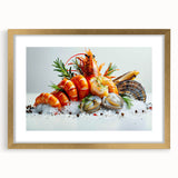 Framed wall art featuring a vibrant marine life shrimp design in gold, showcasing intricate details and textures, perfect for ocean-themed decor.