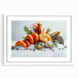 Framed wall art featuring a vibrant marine life shrimp design, set in a white mat and frame, perfect for ocean-themed decor in modern interiors.