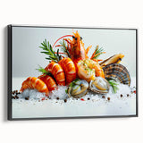 Framed wall art showcasing a vibrant shrimp design in a marine life theme, featuring a black frame. Ideal for ocean-inspired decor, enhancing interiors with aquatic charm.