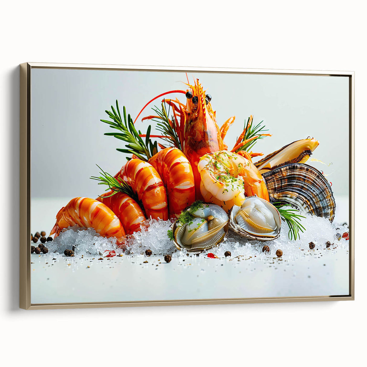 Framed canvas art featuring a vibrant marine life shrimp design, set against a gold background. Ideal for ocean-themed decor, showcasing intricate details and colors.