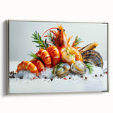 Framed wall art featuring a vibrant marine life design showcasing colorful shrimp against a silver background, ideal for ocean-themed decor.