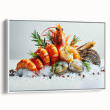Framed wall art collection showcasing a vibrant marine life shrimp design on canvas, featuring a white border and side view for an elegant presentation. Ideal for coastal decor enthusiasts.