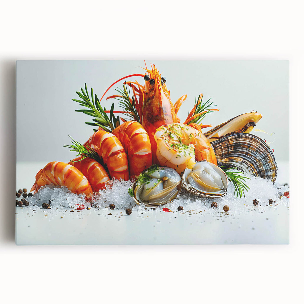 Vibrant marine life wall art featuring a colorful shrimp design on stretched canvas, perfect for ocean-themed decor. Ideal for enhancing living spaces with aquatic inspiration.
