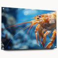 Elegant acrylic wall art showcasing a detailed marine life shrimp design set against a vibrant background, perfect for ocean-themed decor. Features a side view with pins for easy hanging, ideal for enhancing interior spaces with marine aesthetics.