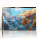 Framed acrylic wall art showcasing a vibrant marine life shrimp design, featuring intricate details and a sleek silver frame, perfect for ocean-themed decor.