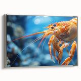 Framed wall art featuring a detailed marine life shrimp design on a textured canvas, elegantly showcased with a silver frame, perfect for ocean-themed decor.