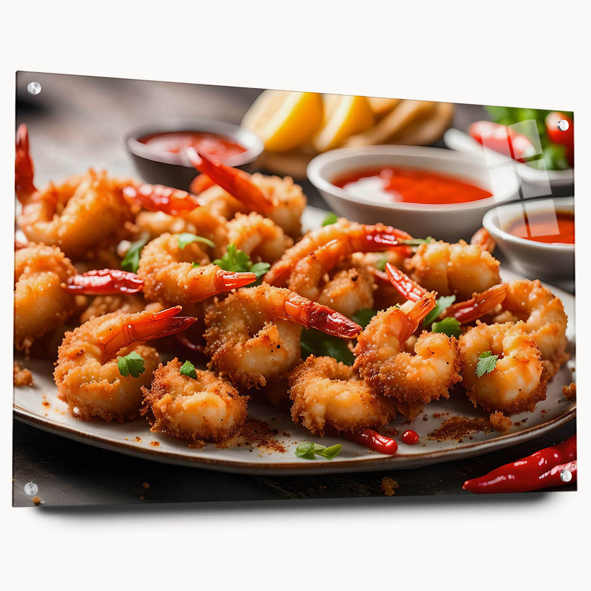 Side view of a marine life shrimp design wall art piece, showcasing vibrant colors and intricate details, mounted on acrylic glass with visible pins for a modern display.