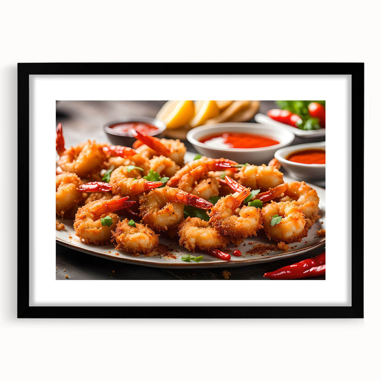 Framed wall art featuring a vibrant marine life shrimp design, showcased in a sleek black frame with a mat, perfect for ocean-themed decor.