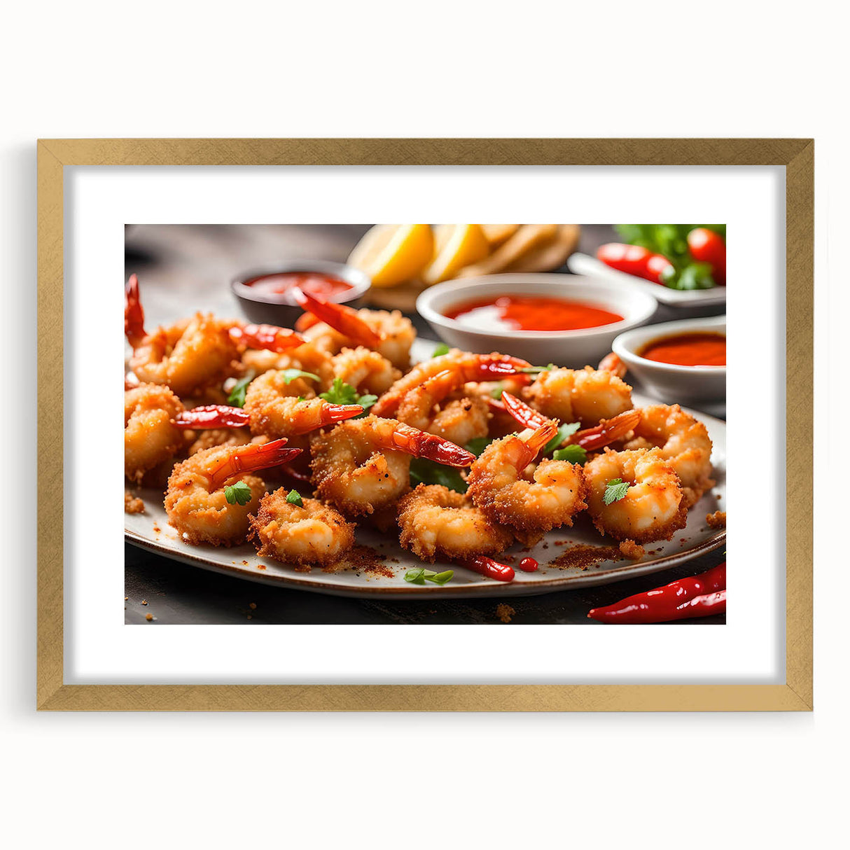 Framed wall art featuring a vibrant marine life shrimp design in a gold frame, showcasing intricate details and a stylish mat, perfect for ocean-themed decor.
