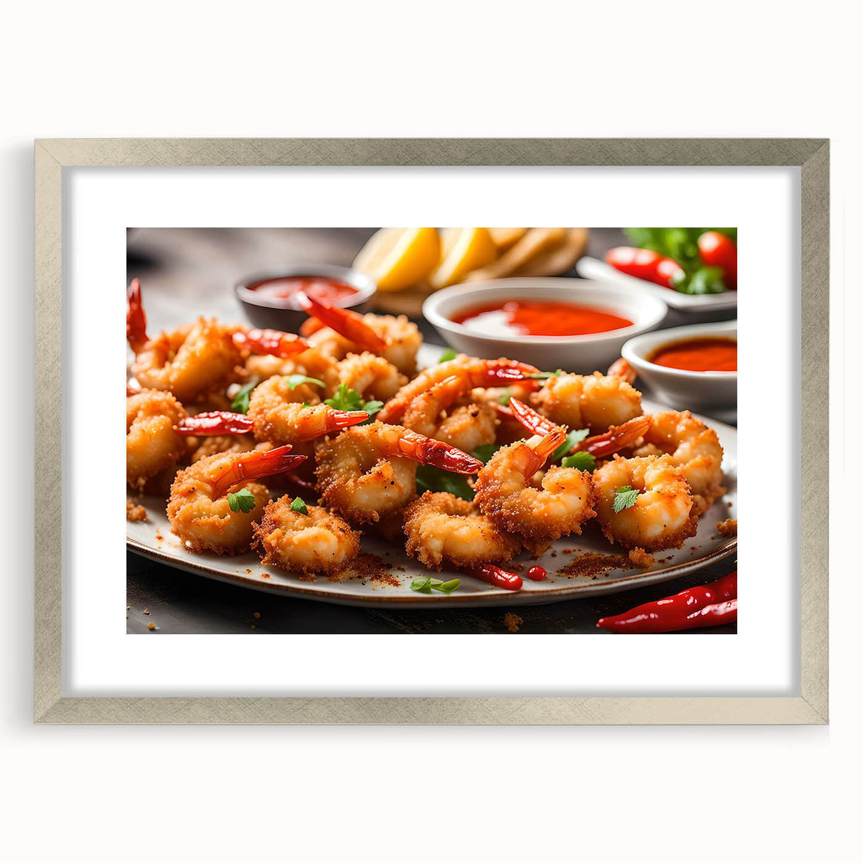 Framed marine life wall art featuring a vibrant shrimp design, elegantly displayed with a silver frame and mat, perfect for ocean-themed decor.