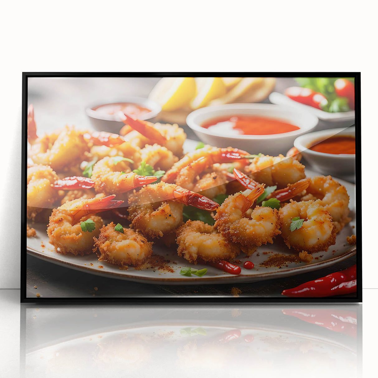 Framed wall art featuring a vibrant marine life shrimp design in black acrylic, showcasing intricate details and colors, perfect for ocean-themed decor.
