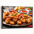 Framed canvas wall art showcasing a vibrant shrimp design from the Marine Life collection, featuring a black frame and side view, perfect for ocean-themed decor.