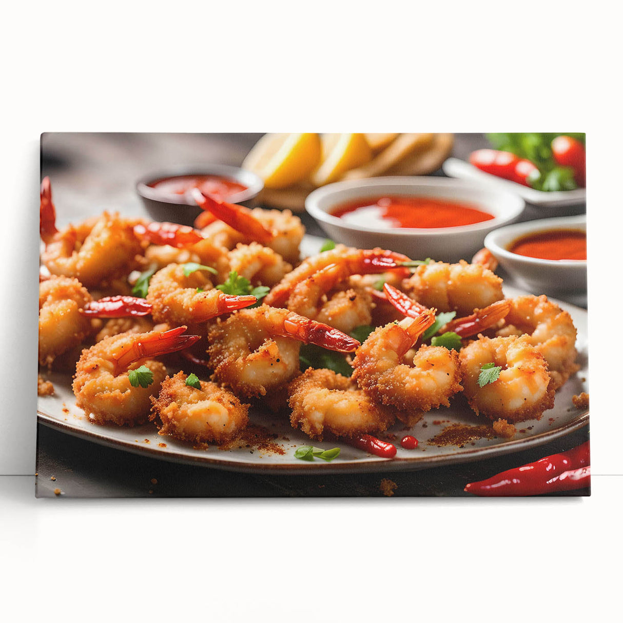 Colorful marine life wall art featuring a detailed shrimp design on stretched canvas, showcased in a bright coastal setting, perfect for ocean-themed decor.