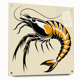 Colorful acrylic glass wall art featuring a shrimp design from the Marine Life collection, displayed at an angle with decorative pins, perfect for ocean-themed decor.