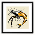 Framed wall art featuring a vibrant marine life shrimp design in a black mat and frame, perfect for coastal-themed decor, highlighting intricate details and colors.