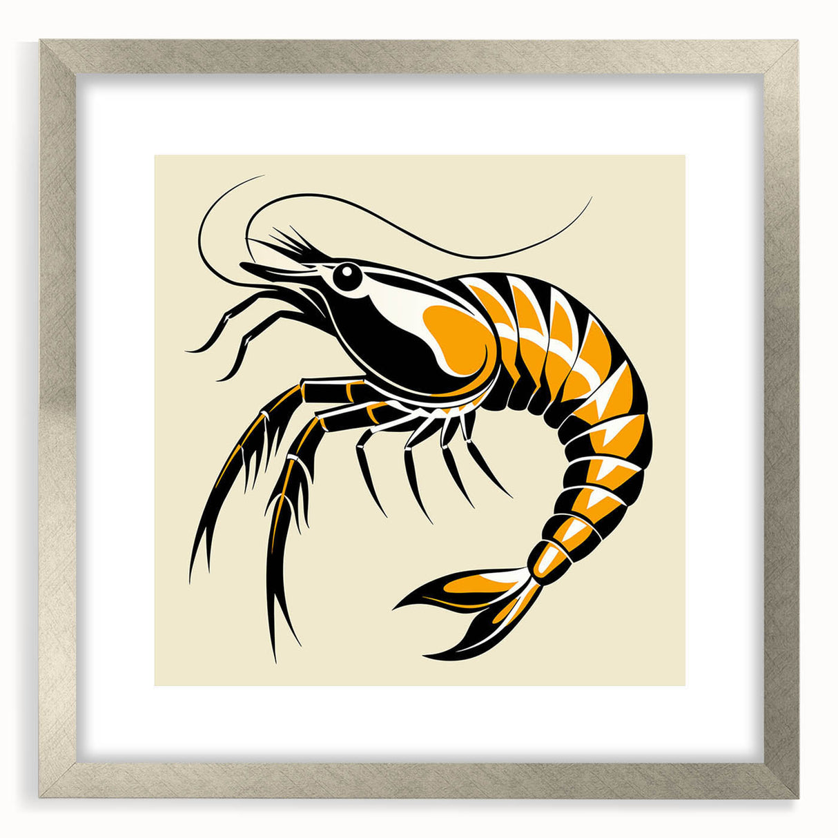 Framed marine life shrimp wall art collection showcasing vibrant colors and intricate details, featuring a silver mat and frame, perfect for ocean-themed decor.