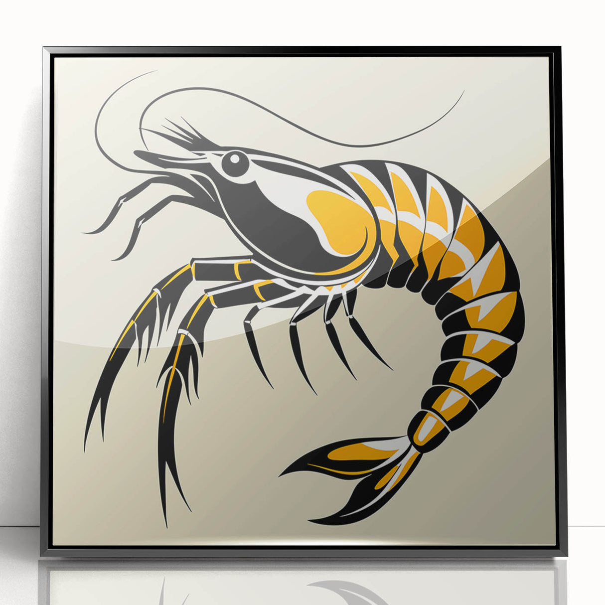 Framed acrylic wall art featuring a vibrant marine life shrimp design in black frame, showcasing intricate details and vivid colors, perfect for ocean-themed decor.