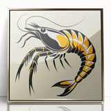 Framed wall art showcasing a vibrant marine life shrimp design, featuring intricate details and a gold-acrylic finish, perfect for ocean-themed decor.