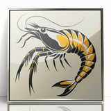 Framed acrylic wall art showcasing vibrant marine life shrimp design with a silver border, perfect for coastal-themed decor, emphasizing oceanic beauty.