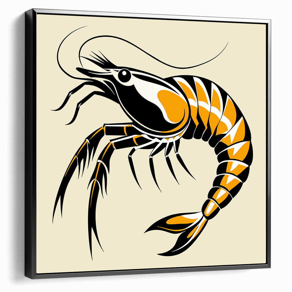 Framed wall art showcasing a vibrant marine life shrimp design on canvas, featuring a black frame and side view, perfect for ocean-themed decor.