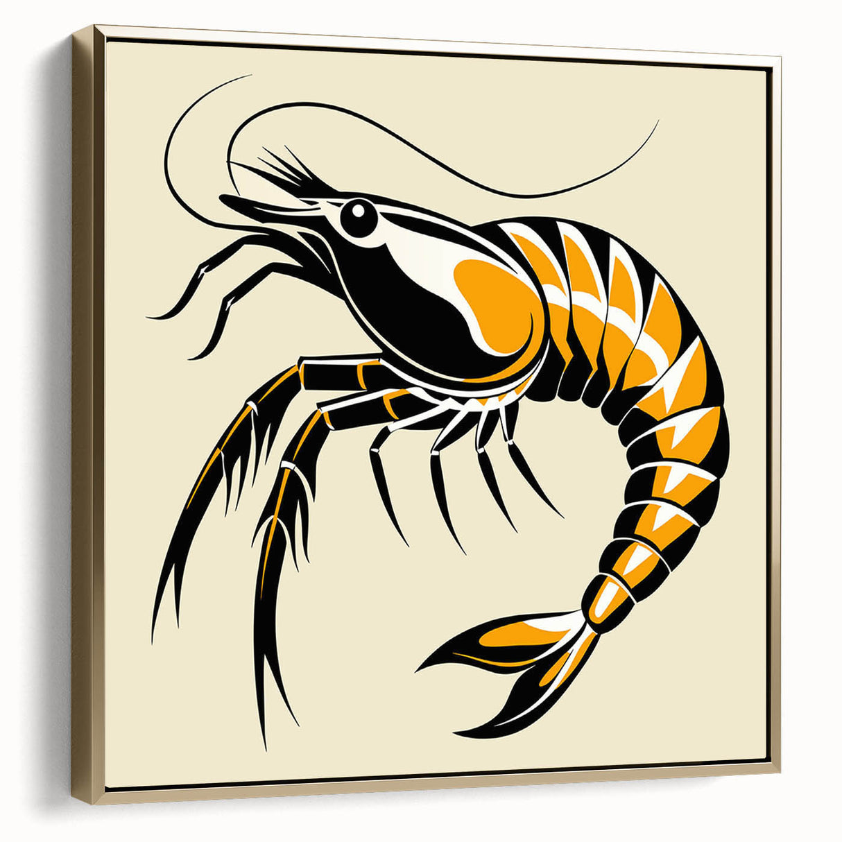Framed wall art featuring a vibrant marine life shrimp design on a textured canvas, set against a gold frame, ideal for enhancing aquatic-themed decor.