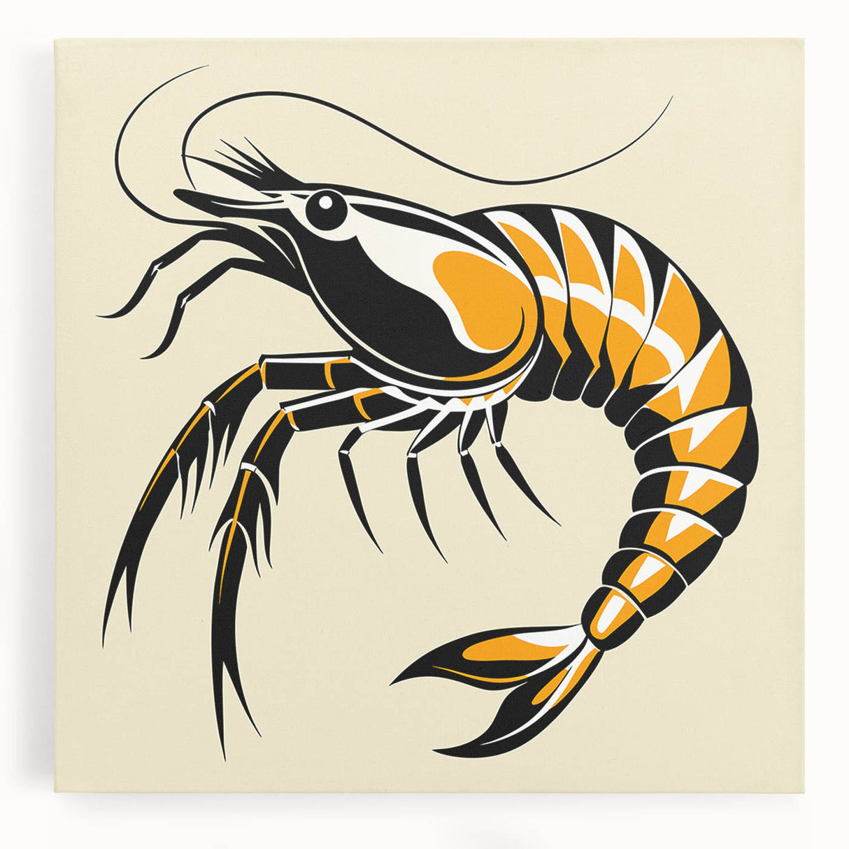 Vibrant marine life wall art featuring a detailed shrimp design, printed on stretched canvas with vivid colors, perfect for ocean-themed decor and aquatic enthusiasts.