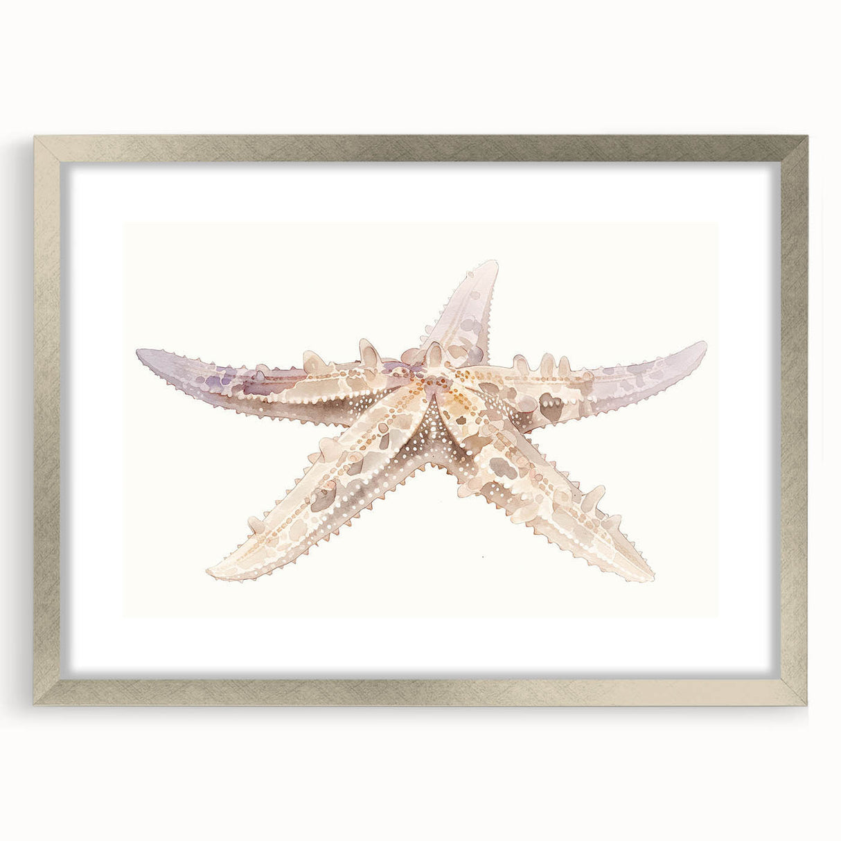 Framed wall art featuring a detailed starfish design in vibrant colors, set in a sleek silver frame with a mat for an elegant presentation, perfect for marine-themed decor.
