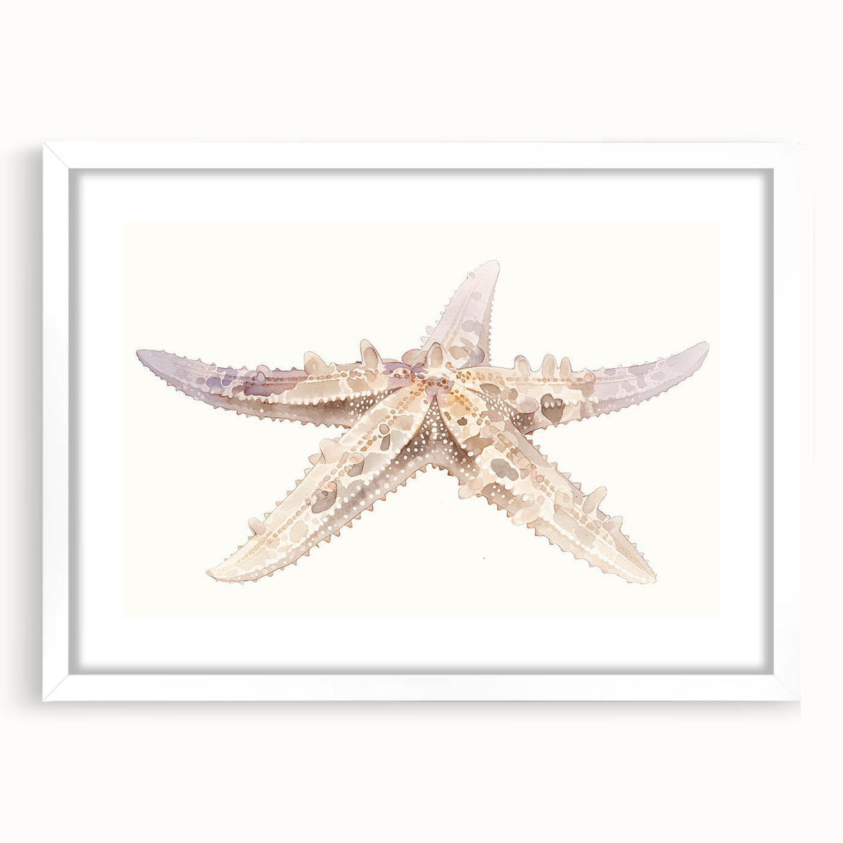 White-framed wall art featuring a marine life design with a starfish, showcasing intricate details and vibrant colors, perfect for coastal-themed home decor.