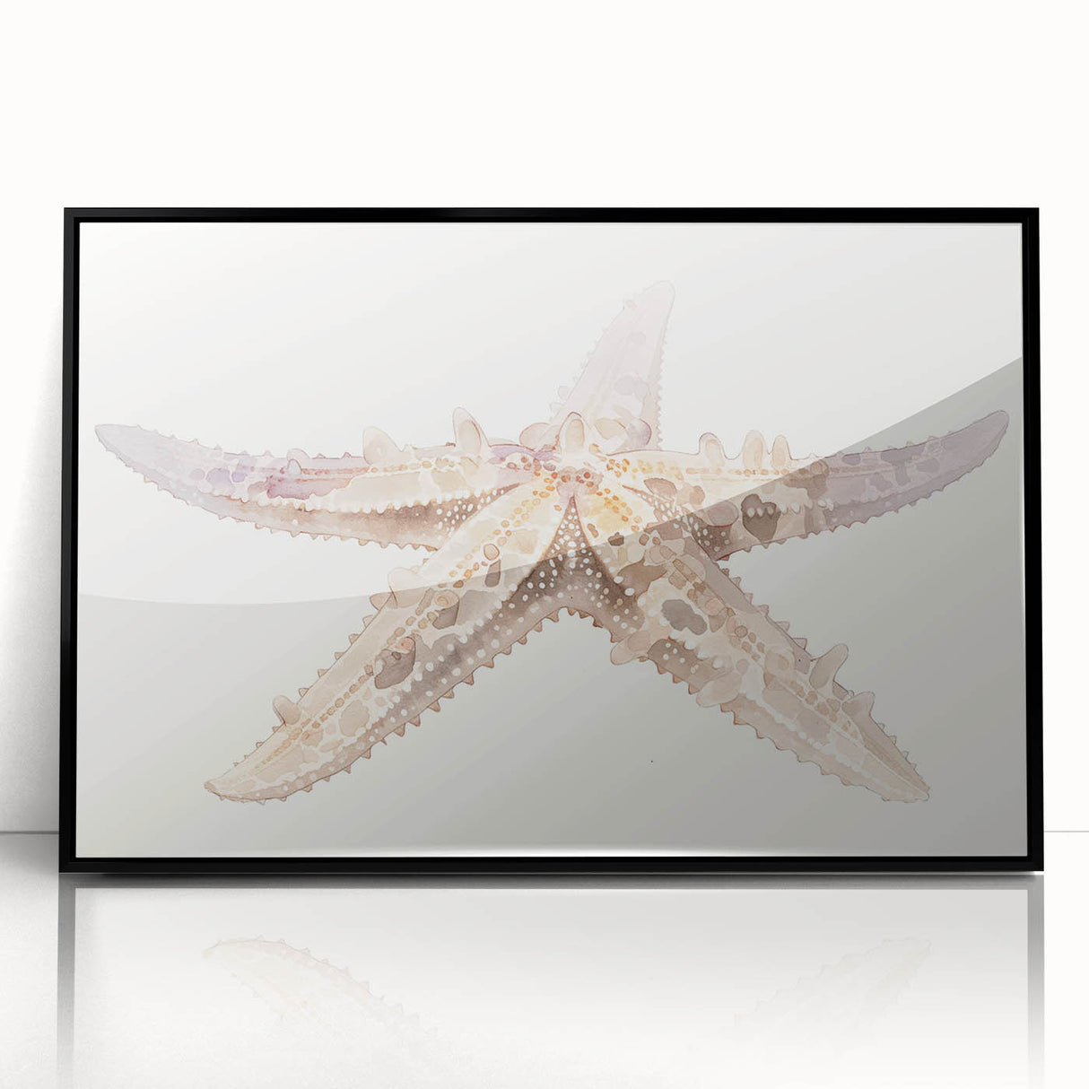 Framed wall art featuring a vibrant starfish design in blue and orange hues, showcasing marine life aesthetics, perfect for coastal-themed decor.