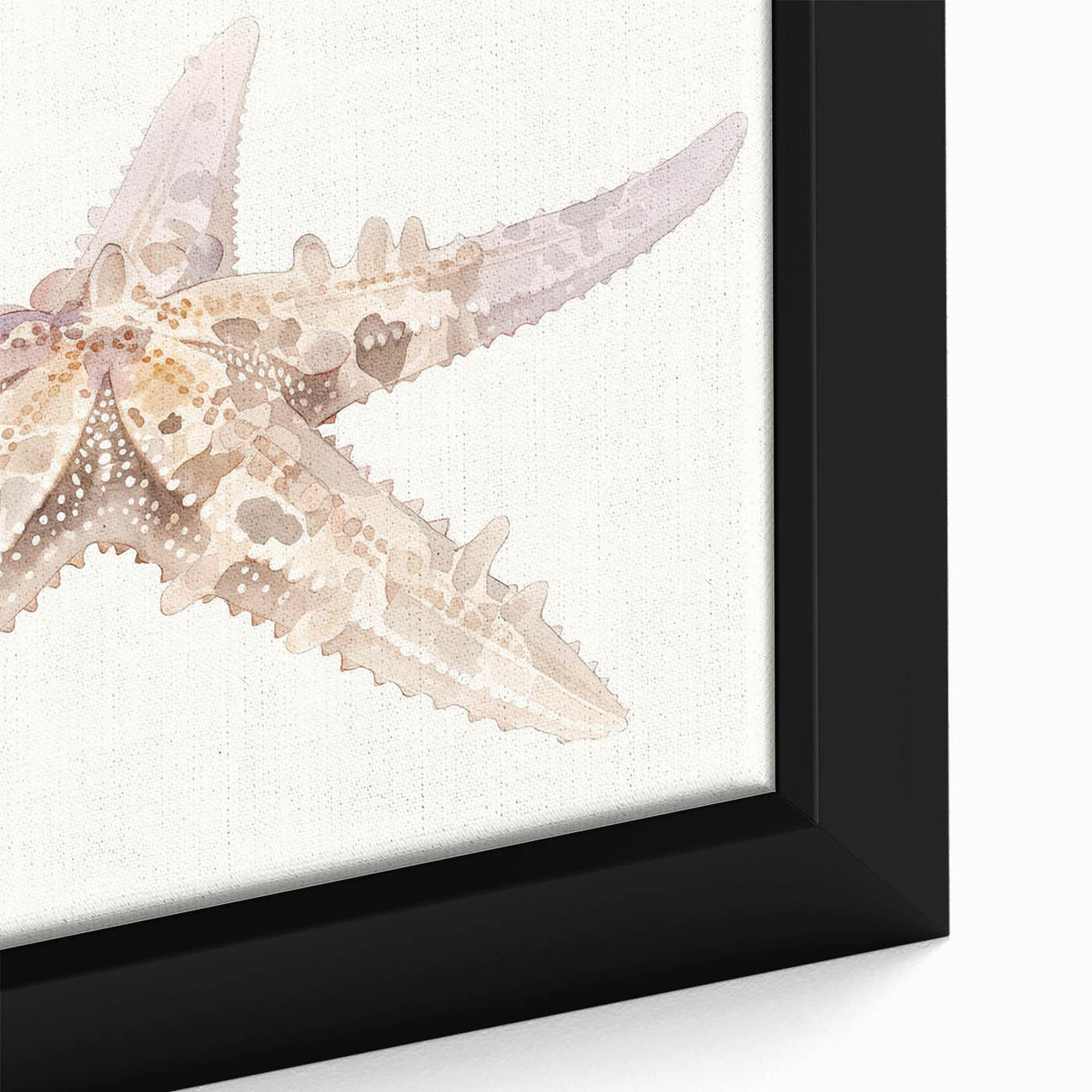 Close-up of a framed canvas wall art piece showcasing a vibrant starfish design, featuring intricate details and rich colors, perfect for marine life enthusiasts' decor.
