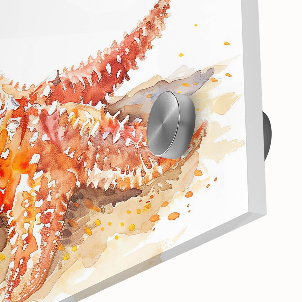 Close-up of a vibrant acrylic glass wall art piece featuring a detailed starfish design, showcasing intricate marine life textures in bright, bold colors. Perfect for ocean-themed decor or beach house interiors.